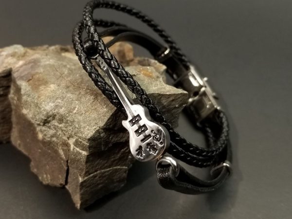 Engravable Guitar Charm Three Strand Leather Bracelet For Men